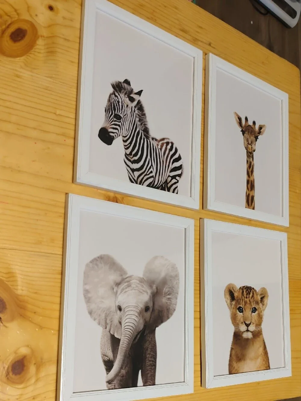 Safari Nursery Wall Art Set with Frames (Elephant, Zebra, Lion & Giraffe) 11x9